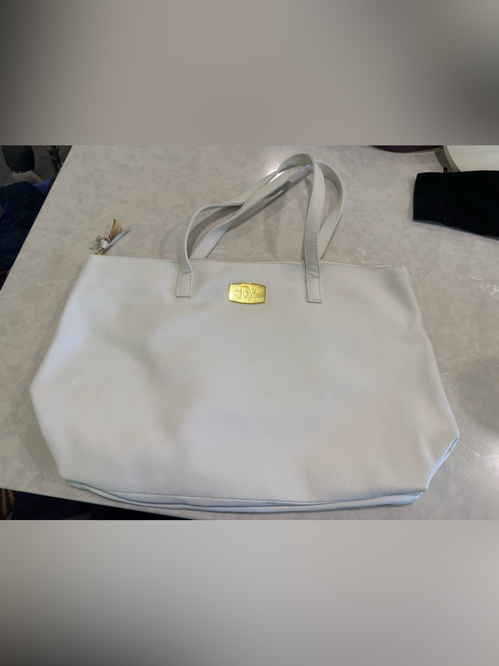 Joy Mangano Iman White Leather Tote Bag with Gold Accent